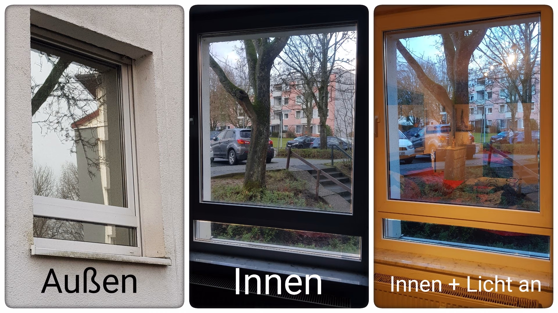 Bildvergleich Spiegelung am Fenster mittels Spionspiegelfolie Bildvergleich Spiegelung am Fenster mittels Spionspiegelfolie