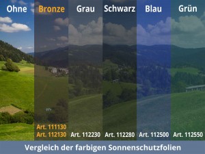Tönungsvergleich verschieden, farbiger Sonnenschutzfolien