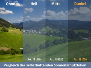 Tönungsvergleich unterschiedlicher selbsthaftender Sonnenschutzfolien